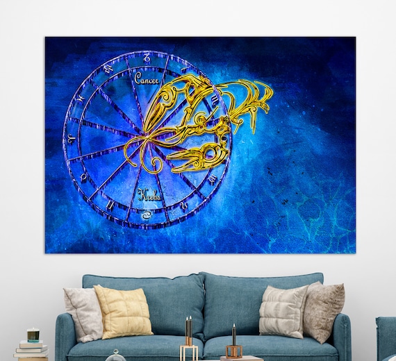 Cancer Zodiac Sign Golden Crab Blue Star Wheel Astrology Wall Art Poster