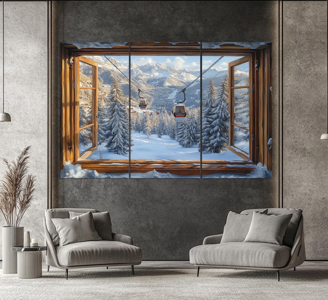 Window To Winter Landscape With Ski Lift, Art Print - Image 3