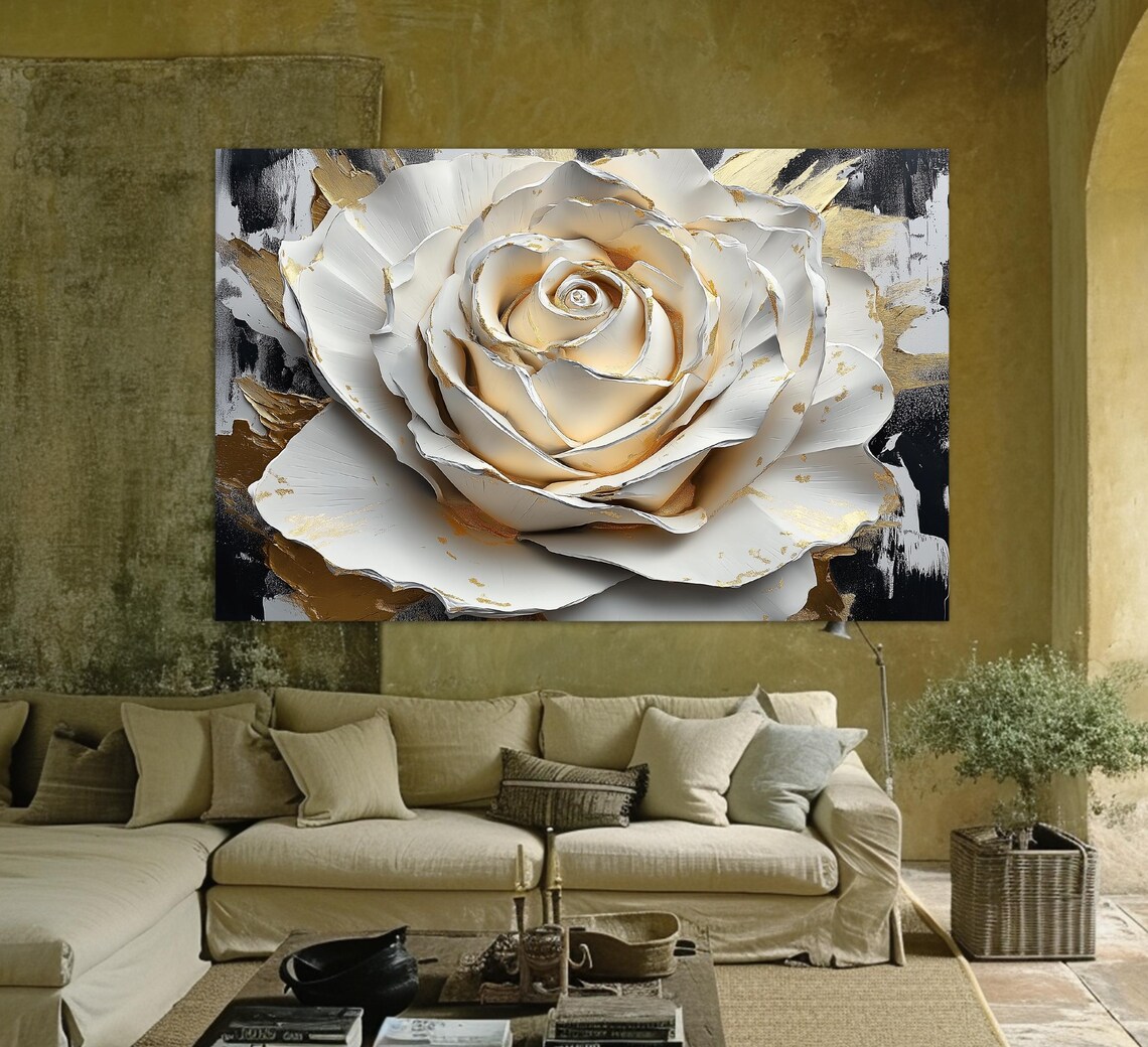 Abstract White Rose Gold Black Brushstroke Textured Floral Art Print