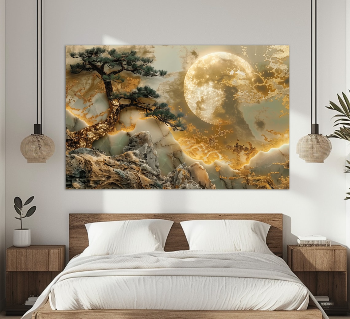 Golden Tree And Moon Abstract Print, Asian Style