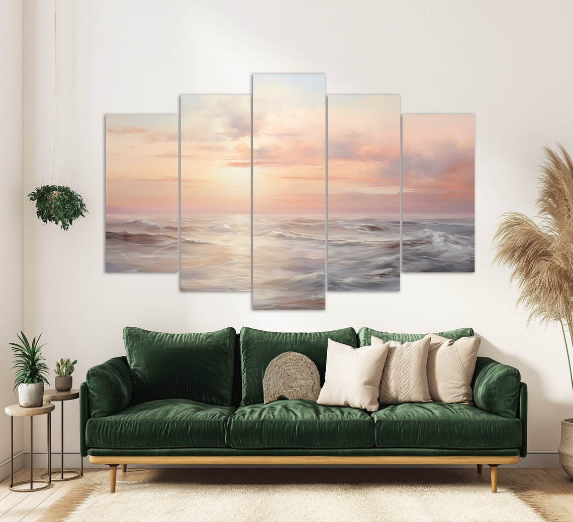 Pink Blush Sunset Over Ocean Waves Soft Pastel Seascape Wall Art Print - Image 2