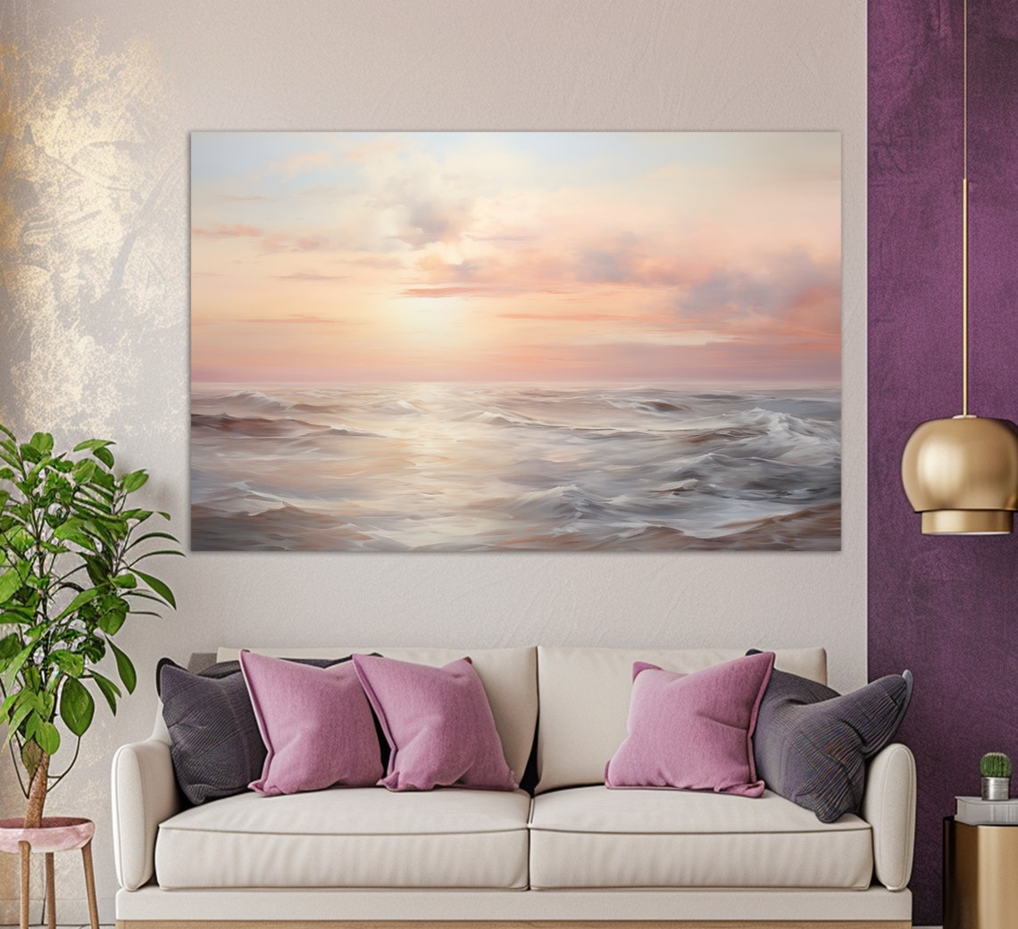 Pink Blush Sunset Over Ocean Waves Soft Pastel Seascape Wall Art Print