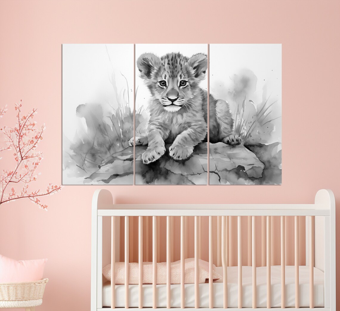 Cute Lion Cub Sitting On Rock Watercolor Nursery Kids Wall Art - Image 4