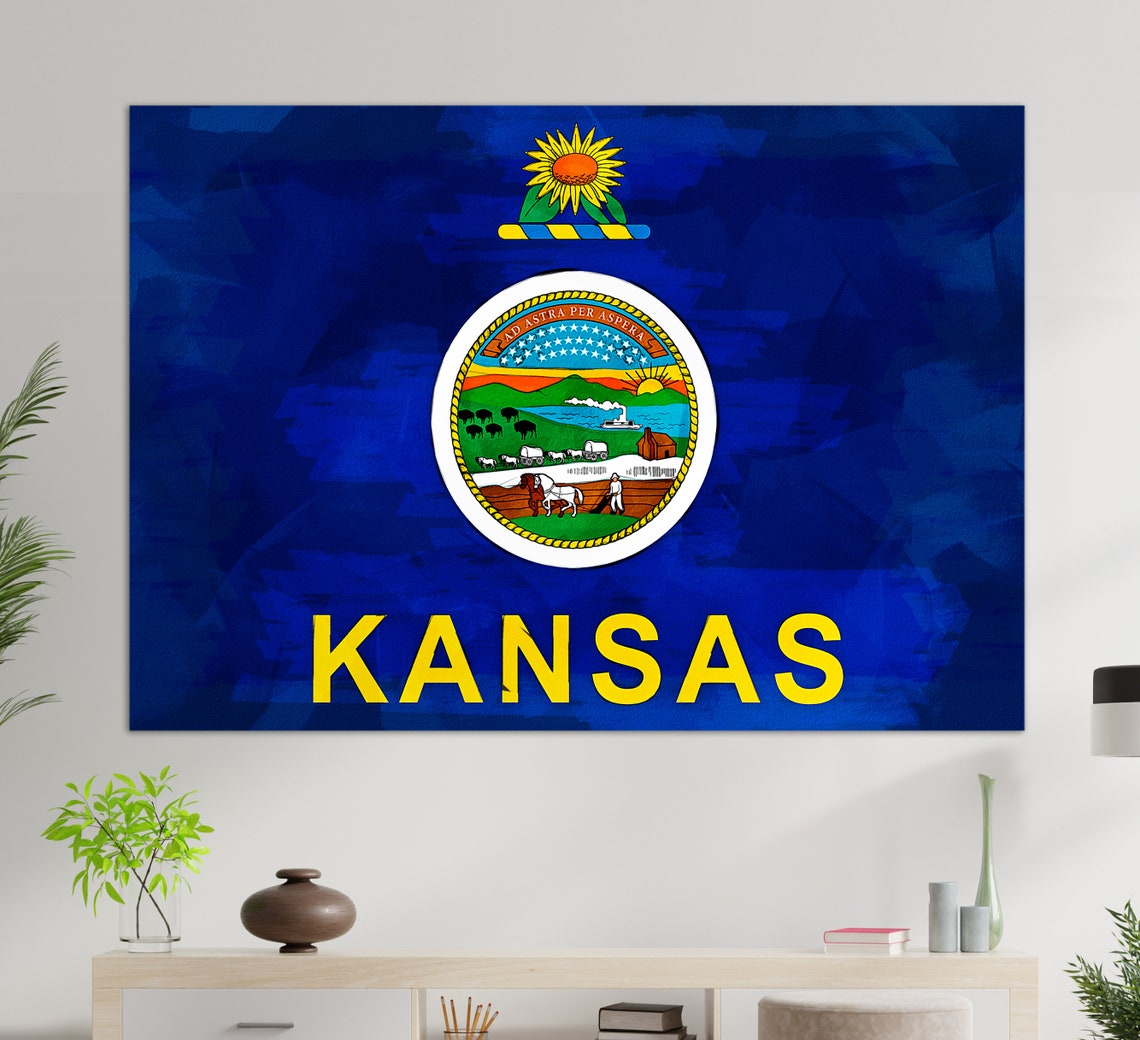 Kansas State Flag Sunflower Seal Watercolor Blue Patriotic Wall Poster
