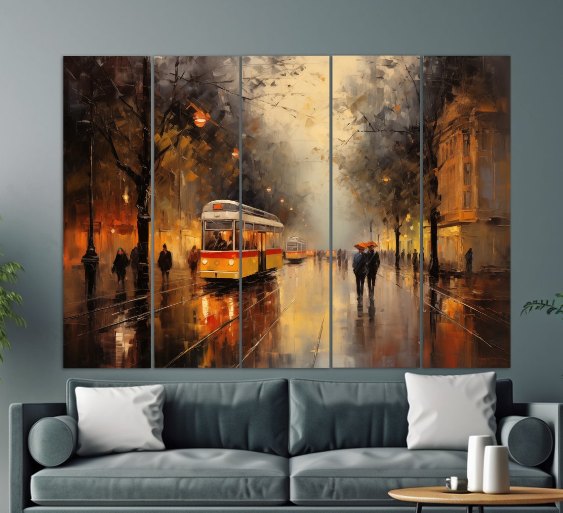 Zagreb Rainy Evening Tram Street Wet Reflections Oil Painting Poster - Image 3