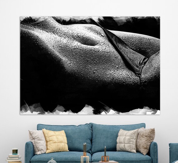 Black And White Wet Female Torso Water Droplets Sensual Body Art Print