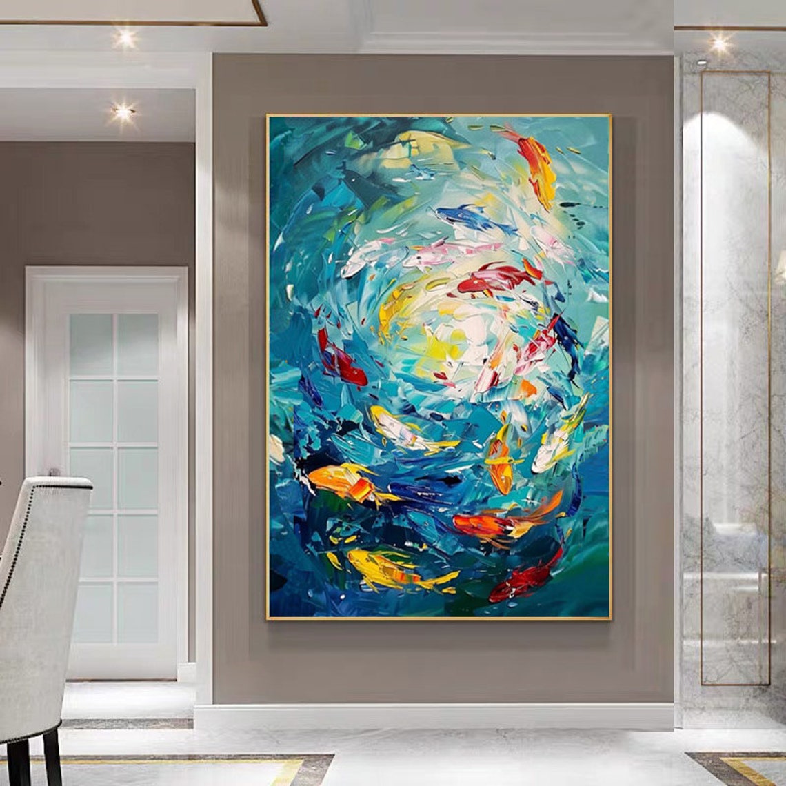 Vibrant Colorful Koi Fish Swirling in Deep Teal Water Art Poster - Image 6