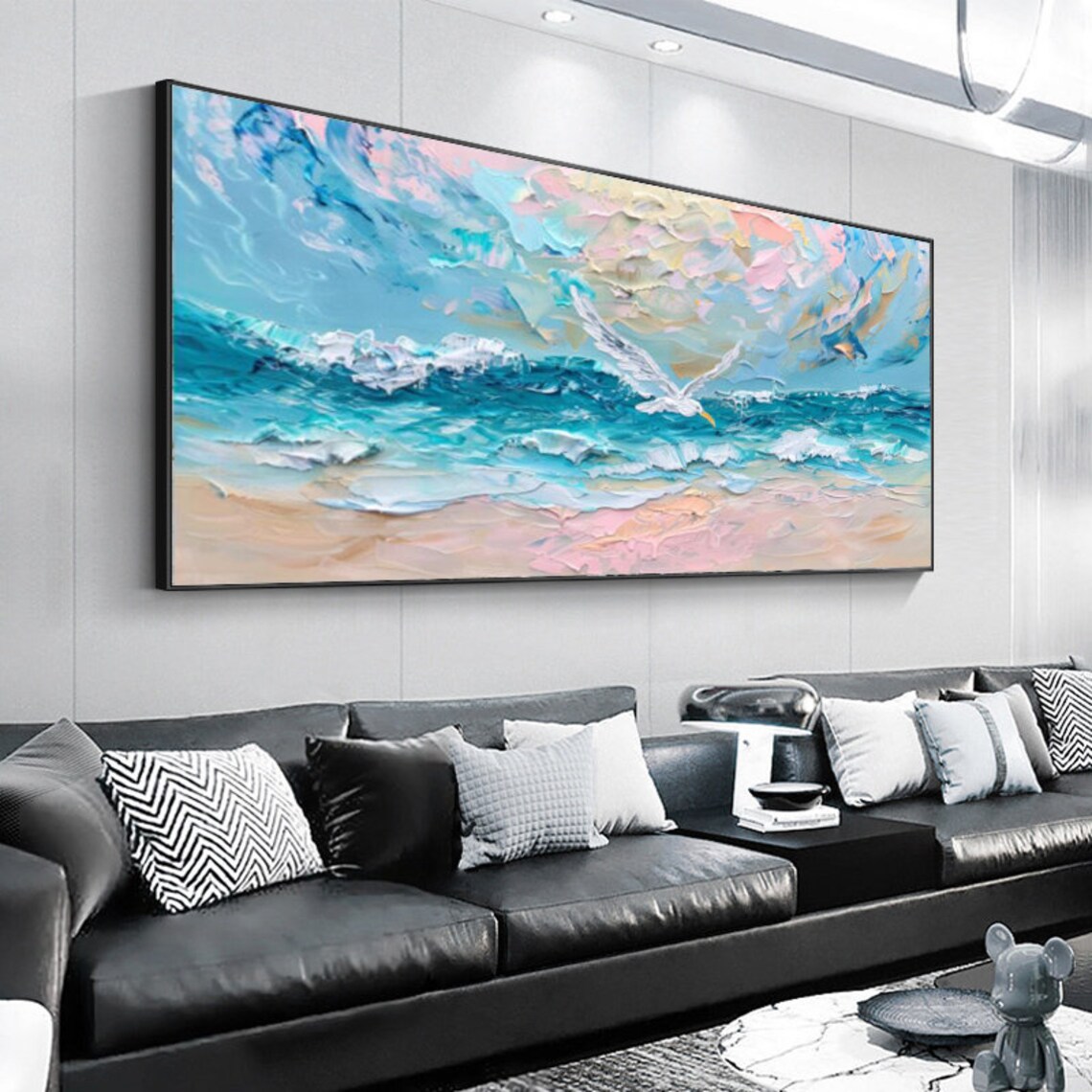 Seagull Over Ocean Waves Pastel Blue Pink Coastal Art Painting Poster - Image 5