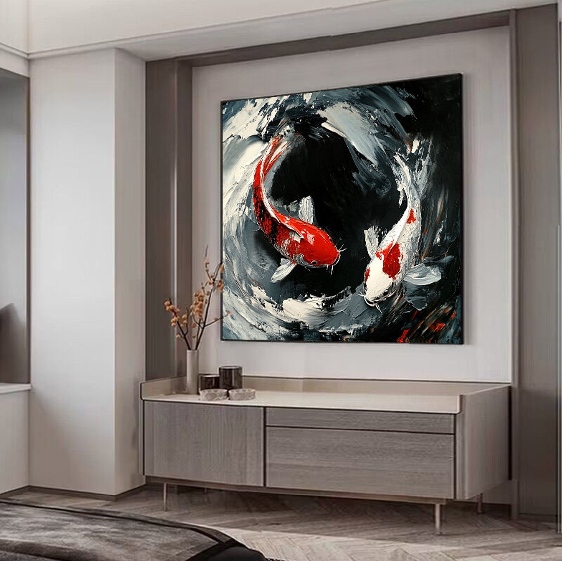 Red And White Koi Fish Circling In Dark Swirling Water Art Poster - Image 5
