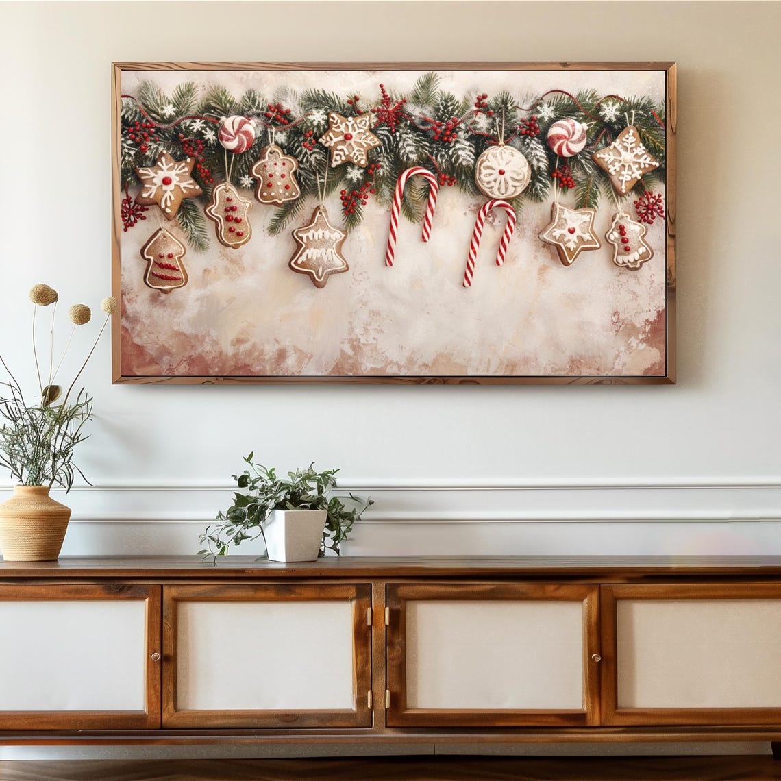 Gingerbread Cookie Candy Cane Christmas Garland Farmhouse Wall Art