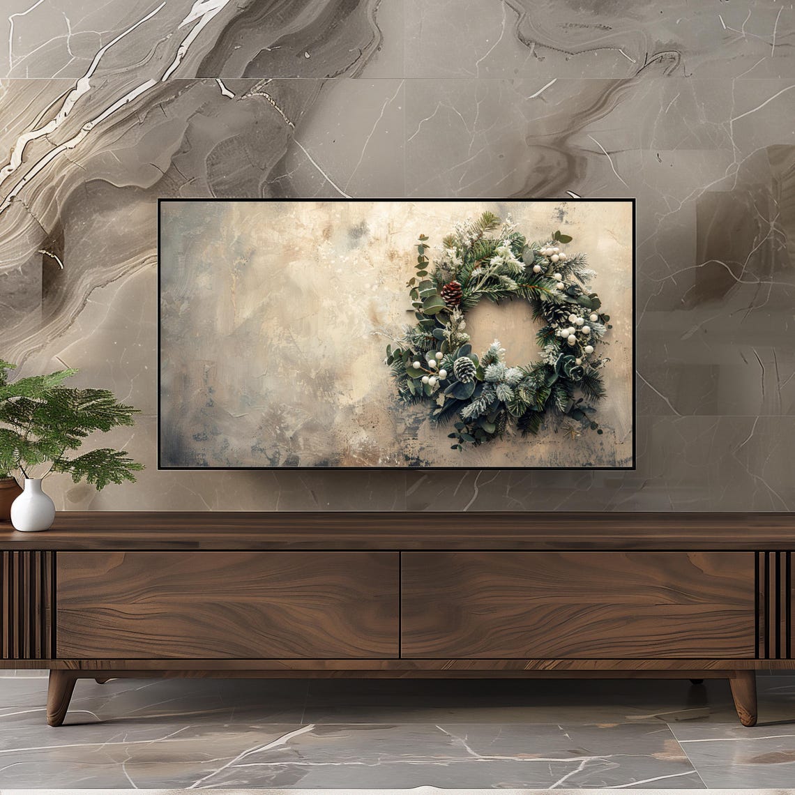 Christmas Wreath Pinecones White Berries Rustic Winter Holiday Poster