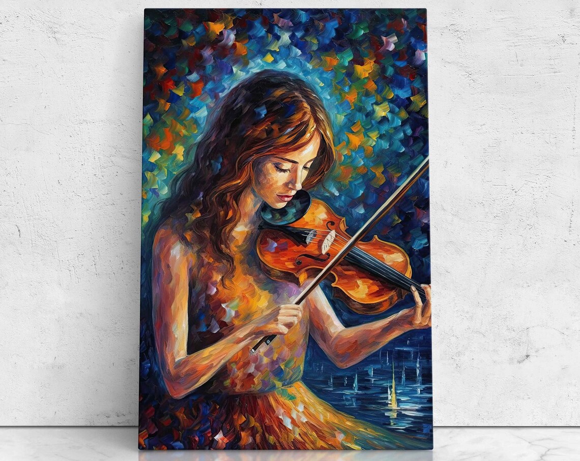 Woman Playing Violin Palette Knife Oil Painting Music Poster