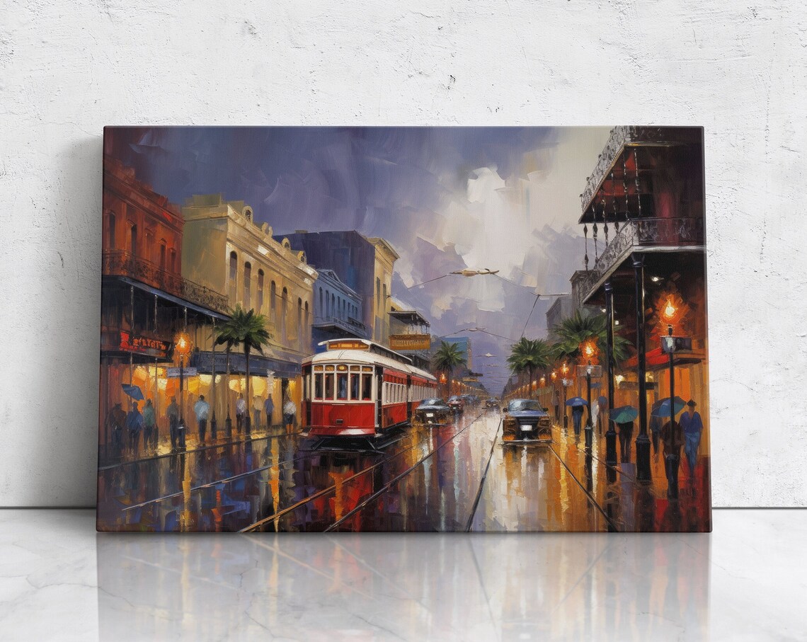 New Orleans Shops in the Rain, Oil-Painting Art Print