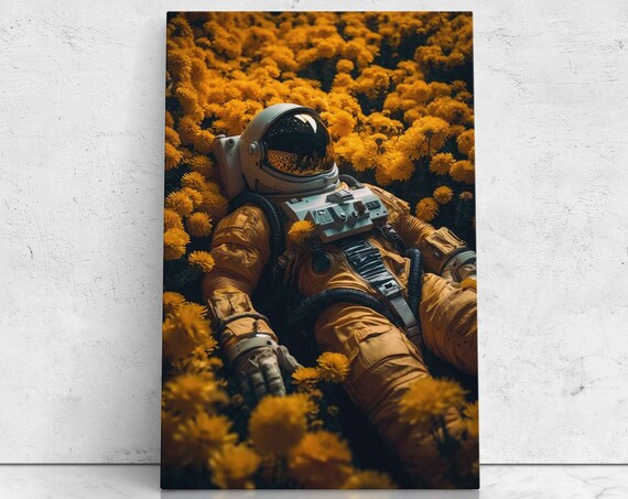 Astronaut Resting In Golden Flower Field Surreal Space Art Poster