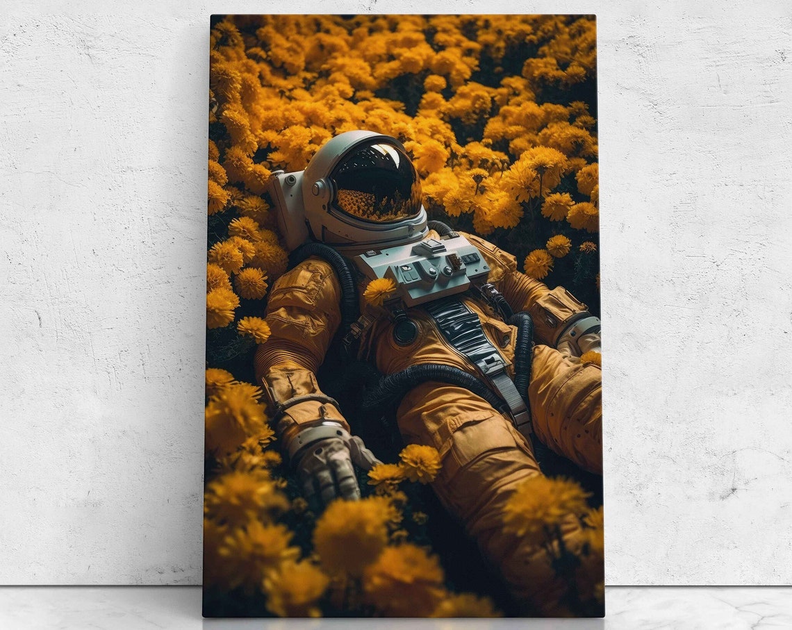 Astronaut Resting In Golden Flower Field Surreal Space Art Poster