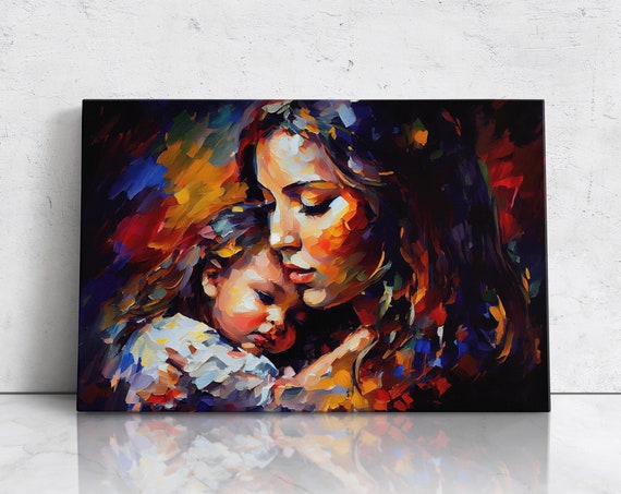 Mother Holding Her Child Beautiful Wall Art Print Mothers Day Gift Colorful Palette Painting Vibrant Art
