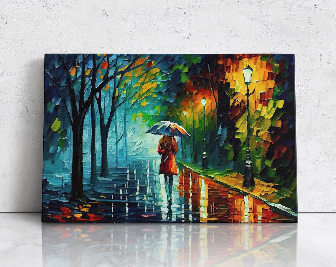 Woman Walking With Umbrella, Vibrant Oil Painting Print
