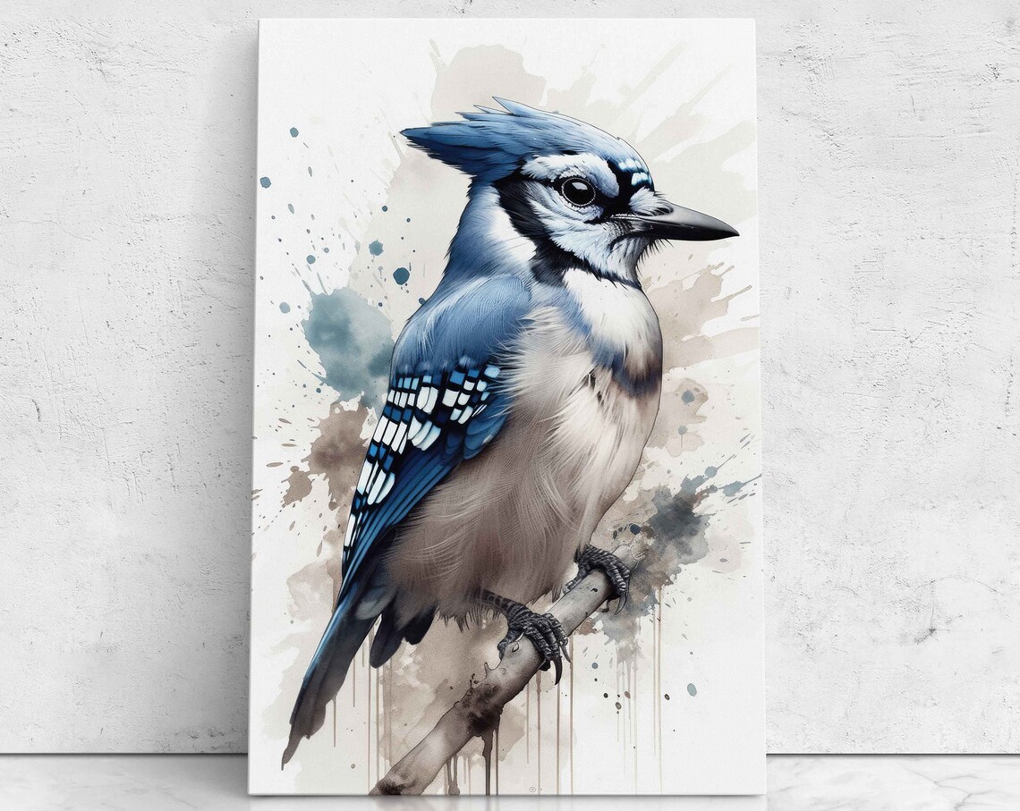 Blue Jay Perched On Branch Watercolor Painting Bird Art Poster