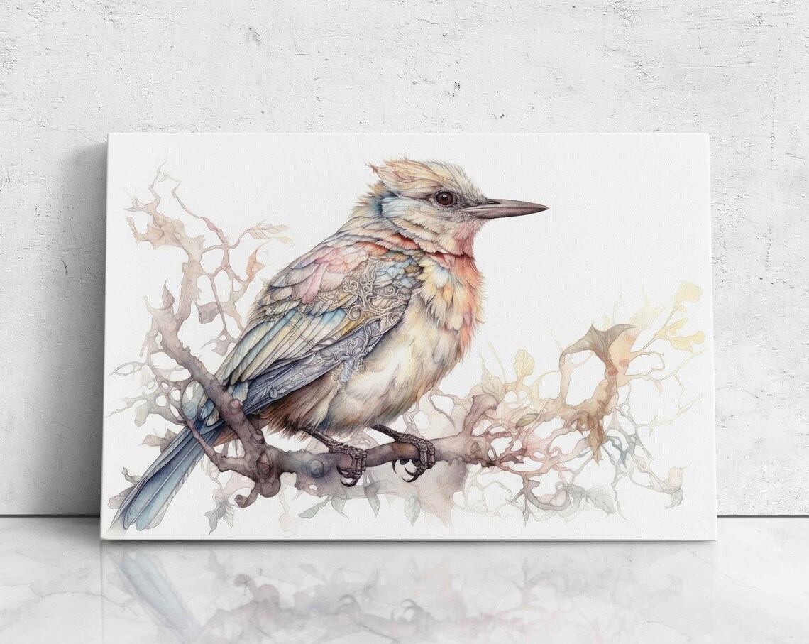 Pastel Songbird On Branch Watercolor Painting Bird Wall Art Poster