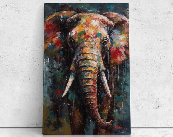 Colorful Elephant Head Portrait Ink Splash Textured Oil Painting Animal Poster