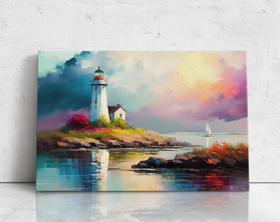 Lighthouse Island Sunset Sailboat Colorful Coastal Seascape Oil Painting Poster