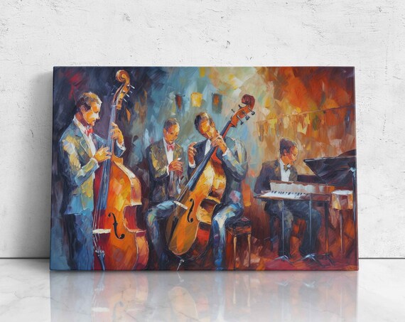 Jazz Band Double Bass Piano Live Stage Colorful Oil Painting Concert Poster