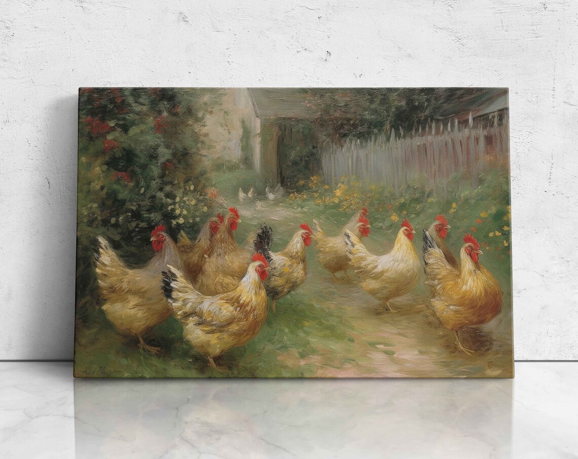 Chickens In Farmyard Garden Oil Painting Rustic Farmhouse Art Poster
