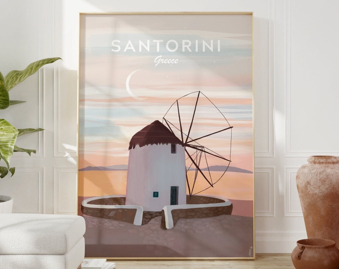 Santorini Greece Sunset Windmill Crescent Moon Travel Poster