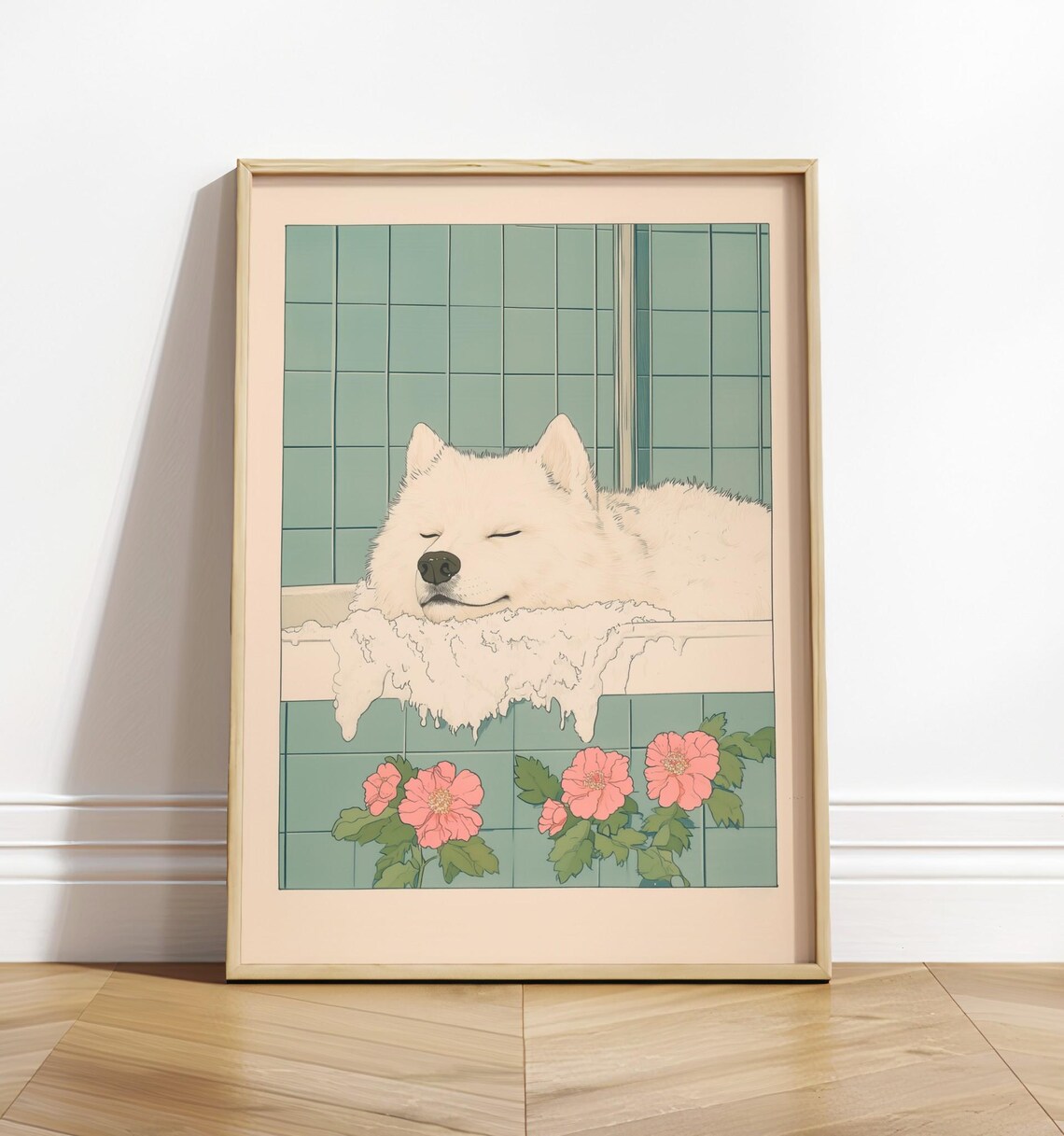 Samoyed In Bath Ukiyoe Art Print, Kawaii Dog