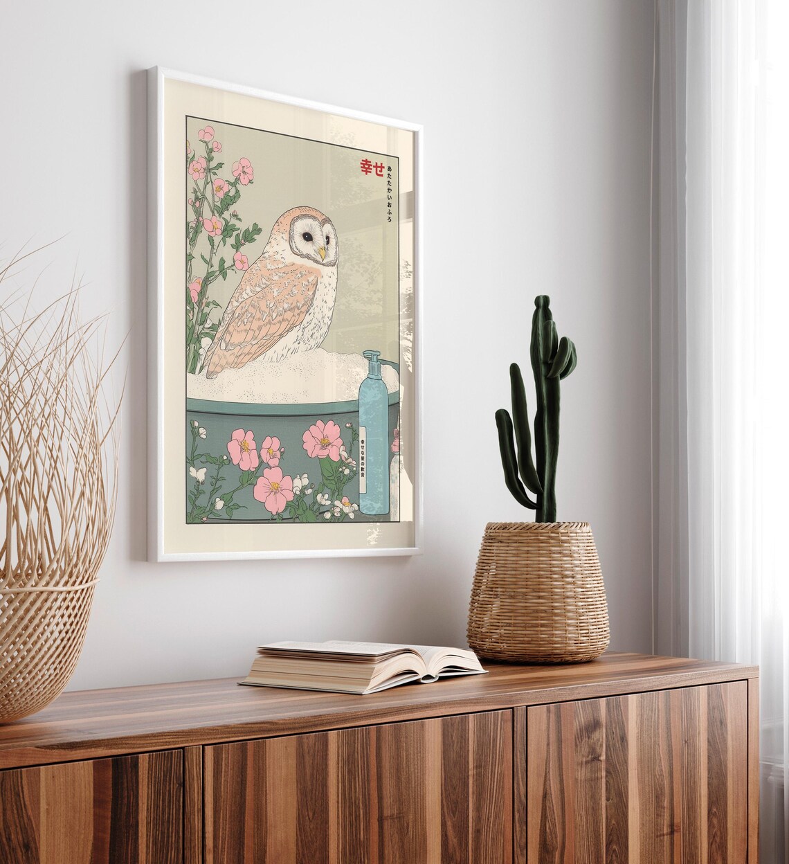 Owl in Bathtub Japandi Bathroom Decor Art Print - Image 4