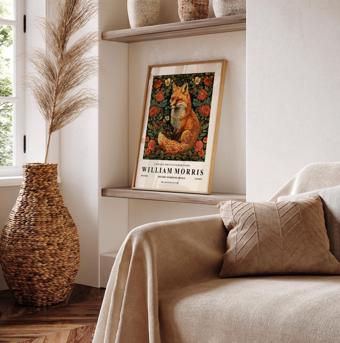William Morris Style Red Fox Floral Dark Botanical Exhibition Wall Art - Image 6