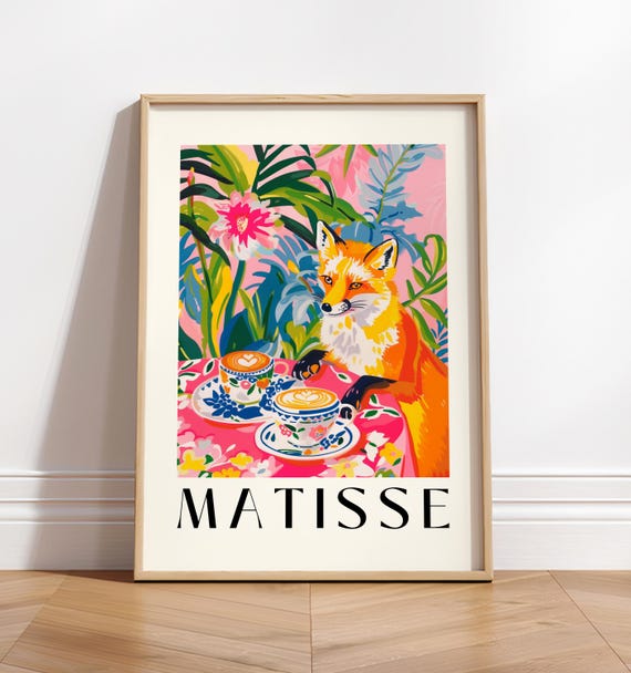 Fox Drinking Coffee, Matisse-Inspired Animal Art Print