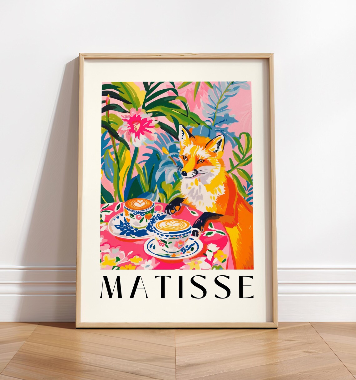 Fox Drinking Coffee, Matisse-Inspired Animal Art Print