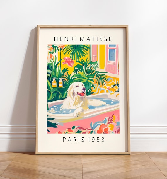 Great Pyrenees in Bathtub, Matisse-Inspired Poster