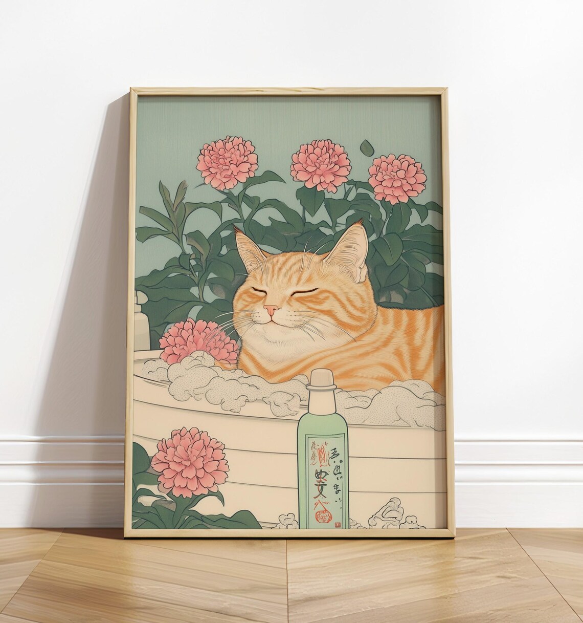 Japanese Cat Print, Ginger Tabby Bathroom Art Print