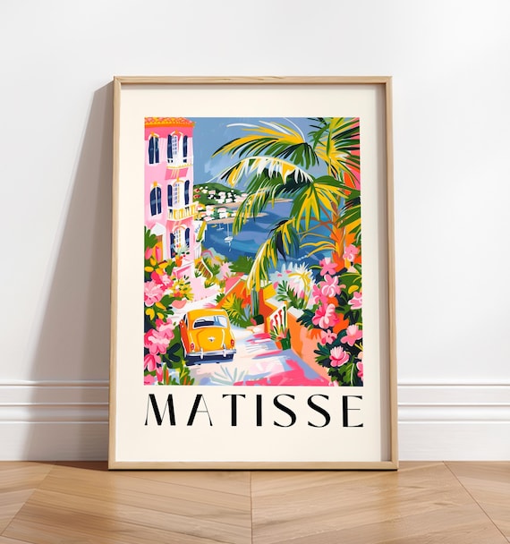 Matisse Style Pink Villa Yellow Car Coastal Road Summer Art Poster