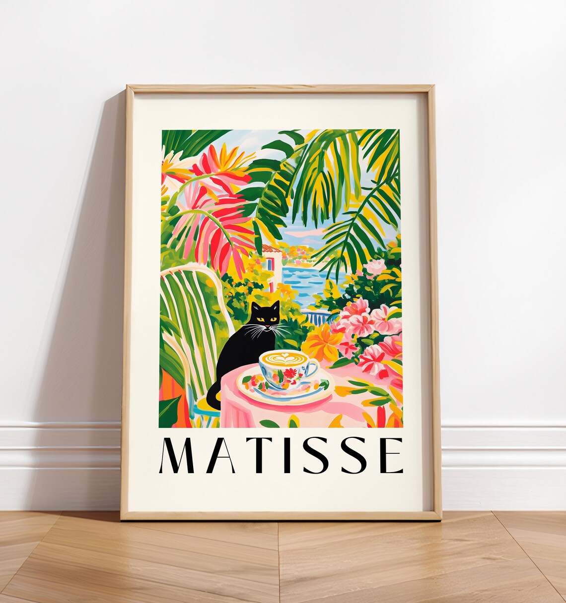 Funny Coffee Print Black Cat, Matisse-Inspired Art Print