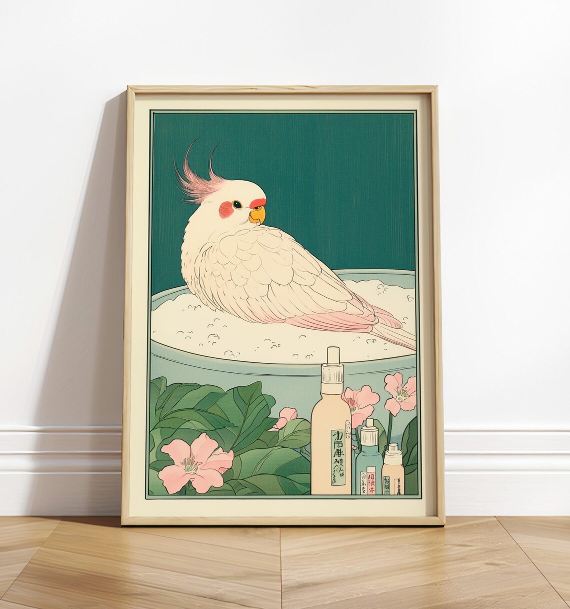 Cute Cockatiel In Bathtub, Funny Bathroom Art Print