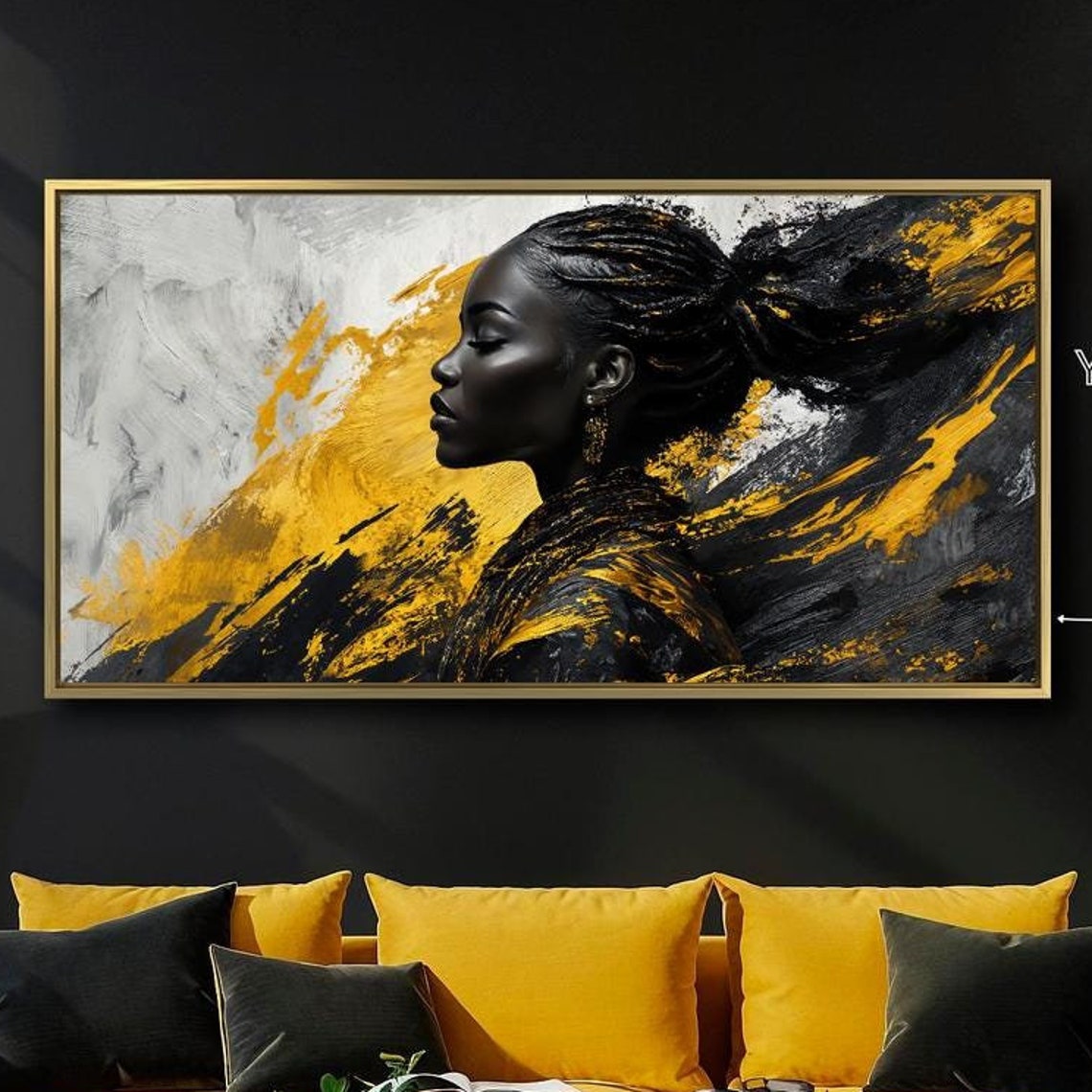 African Woman Framed Print Fashion Wall Art Black Gray And Yellow Painting Print Ethnic Culture Luxury Decor Ready To Hang