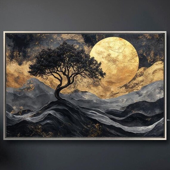 Mystery Landscape Framed Print Black Tree Gold Moon Wall Art Night Scene Painting Print Abstract Luxury Decor Ready To Hang