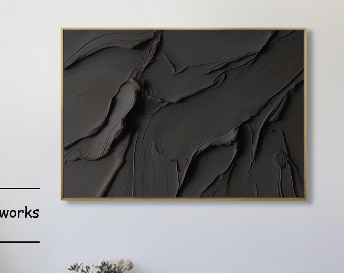 Charcoal Black Textured Abstract in Gold Frame Moody Modern Art Poster