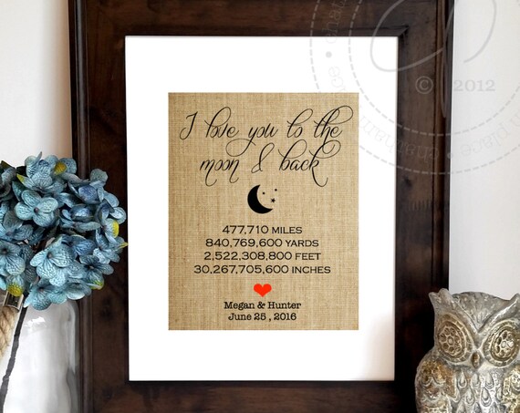 I Love You to the Moon and Back Burlap Distance Wedding Love Poster