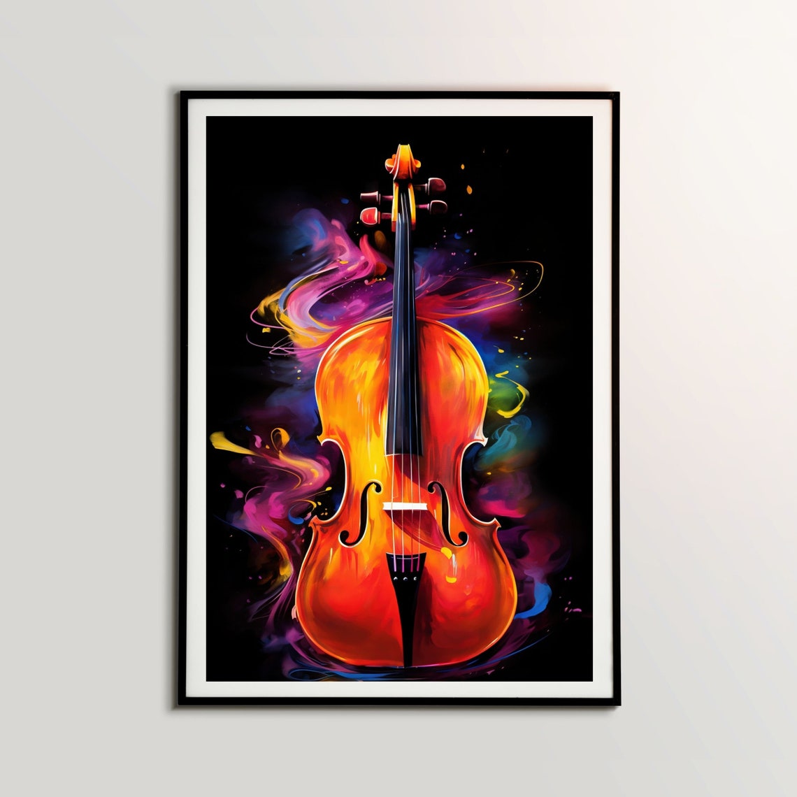 Cello Watercolor Splash Fiery Amber Black Background Music Poster