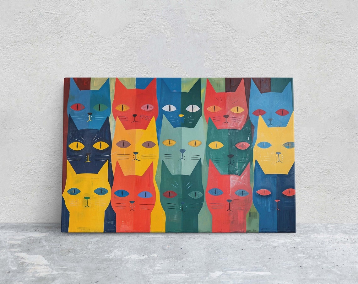 Colorful Cat Faces Grid Pop Art Rainbow Feline Pattern Art Poster