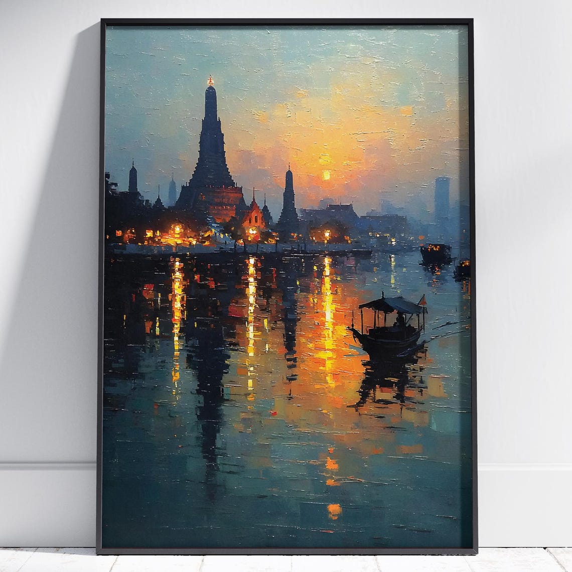 Wat Arun Bangkok Sunset River Boats Evening Oil Painting Poster