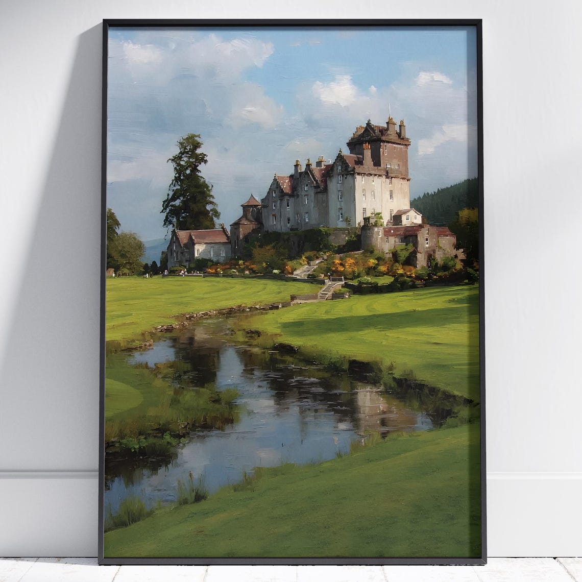 Scottish Highland Castle Riverside Painting Green Estate Art Poster