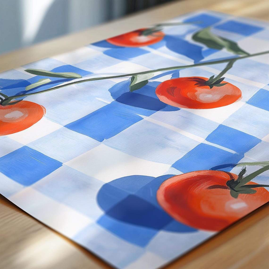 Vine Tomatoes On Blue Gingham Tablecloth Kitchen Wall Poster - Image 2
