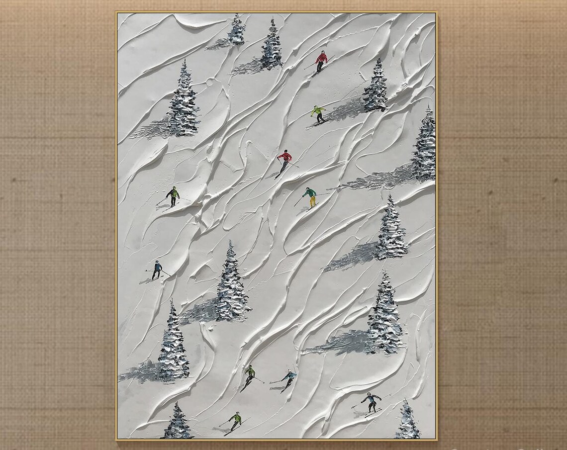 Skiers Carving Down Snowy Mountain Slope With Pine Trees Poster
