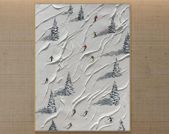 Custom Ski Sport Painting On 3d Textured Wall Art Personalized Gift Skier On Snowy Mountain Art White Snow Skiing Art Living Room Art