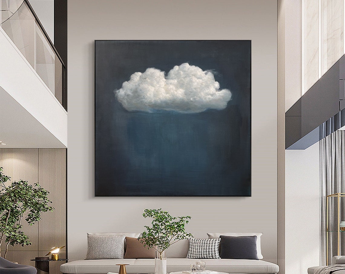 Original Cloud Abstract Painting Vintage Landscape Wall Art Print Cloud Sky And Field Framed Large Gallery Art Minimalist Art Ready To Hang